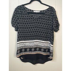 Larry Levine Womens Bohemian Style Black & White Patterned Short Sleeve Blouse L